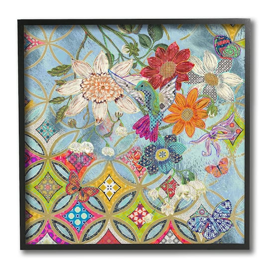 Stupell Industries Circular Arabesque Abstract Floral Hummingbird Framed Wall Art